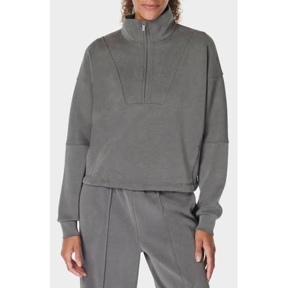 NEW‎ Sweaty Betty Sand Wash Funnel Neck Half Zip Pullover Charcoal Grey Medium - Picture 1 of 9